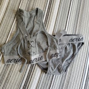 Aerie Gray Lace Up Logo Band Bra and Undie Set